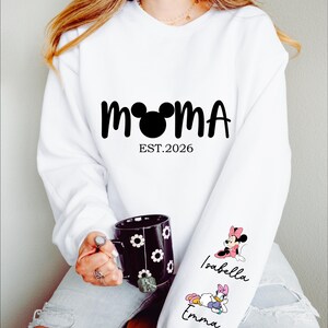 Comfort Colors® Personalized Disney Mickey and Friends Mama Sweatshirt, Disney Custom Mom,With Kids Name On Sleeve, Mother's Day Gift