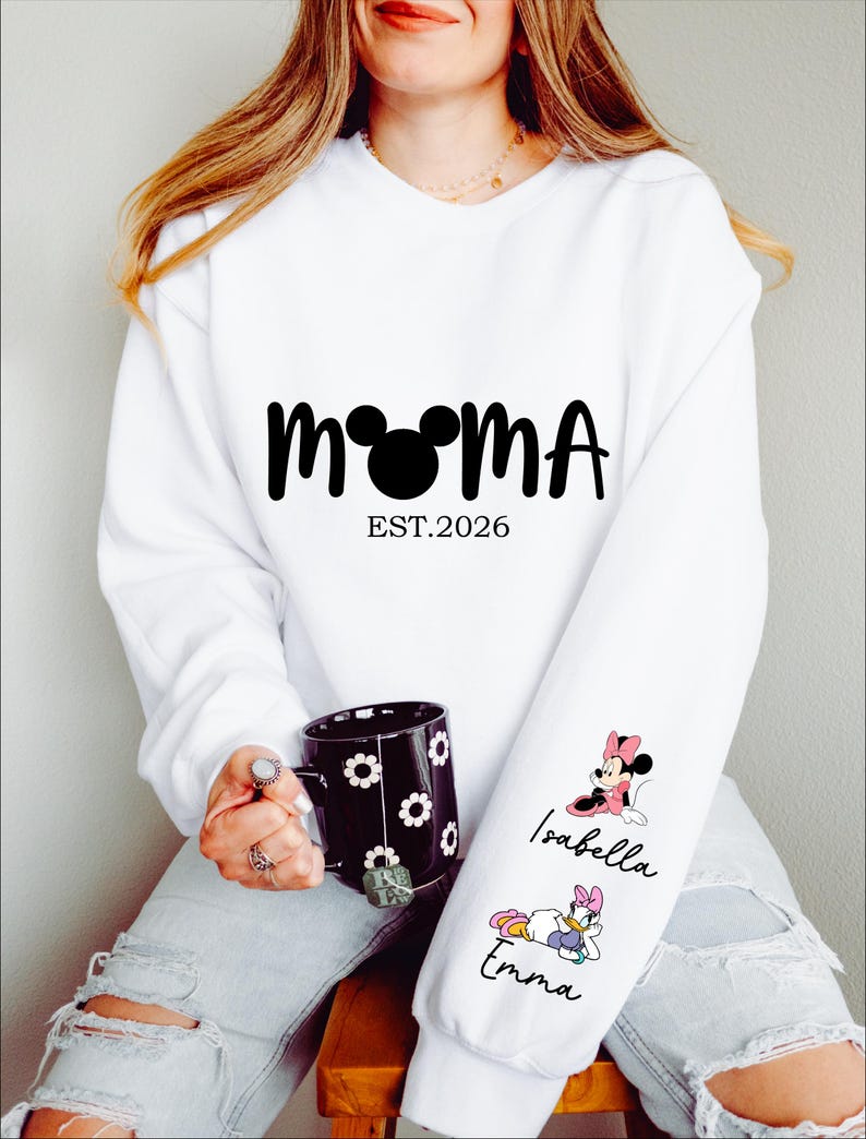 Comfort Colors® Personalized Disney Mickey and Friends Mama Sweatshirt, Disney Custom Mom,With Kids Name On Sleeve, Mother's Day Gift