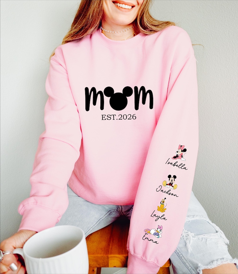 Comfort Colors® Personalized Disney Mickey and Friends Mama Sweatshirt, Disney Custom Mom,With Kids Name On Sleeve, Mother's Day Gift