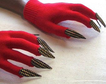 Gloves with claws, red with gold and black, for Halloween costume or pretend play, 2 sizes
