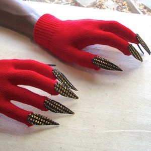 Gloves with claws, red with gold and black, for Halloween costume or pretend play, 2 sizes