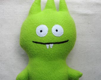 Plush monster, soft alien fantasy creature in lime green fleece, 13.5 inches