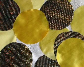 DESTASH fabric circle snippets, remnants for your crafts, 30 pieces, yellow satin and gold hologram dot print