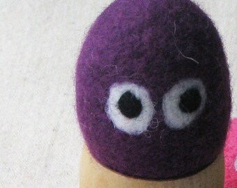 Wool Easter egg for decorating and gift giving, whimsical monster egg with googly eyes, needle felted in eggplant purple