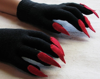 Gloves with claws, black and red, for Halloween costume or pretend play