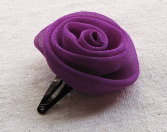 Rose hair clip, in magenta purple chiffon, small