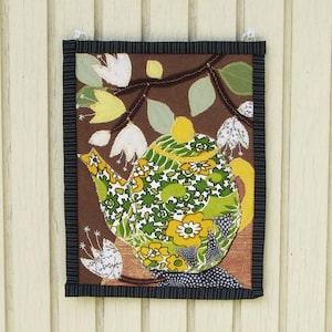 Teapot small wall hanging, applique quilt wall art, one of a kind fiber art, 8.5 x 11 image 1