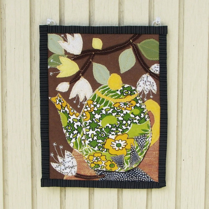 Teapot small wall hanging, applique quilt wall art, one of a kind fiber art, 8.5 x 11 image 1