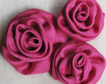 Fabric roses for applique, decorating, hair accessories, crafts, in silky hot pink, set of 3