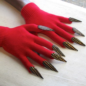 Gloves with claws, red with gold and black, for Halloween costume or pretend play, 2 sizes image 2