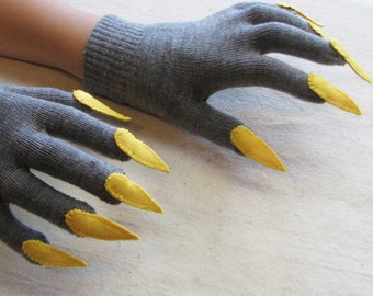 Gloves with claws, dark gray and yellow, for Halloween costume or pretend play