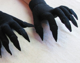 Gloves with claws, black on black, for Halloween costume or pretend play, 3 sizes