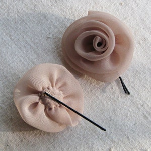 Fabric rose bobby pins, small hair flowers in pale cafe latte chiffon, set of 2 image 4