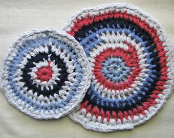 2 round crocheted trivets in eco-friendly t-shirt yarn, 11" and 8", Patriotic red white and blue
