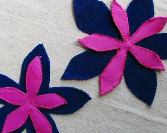 Flat flower applique set, tropical blooms in dark cobalt blue and hot pink fabric