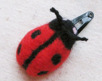 Ladybug hair clip - needle felted in bright red and black from pure wool, great stocking stuffer