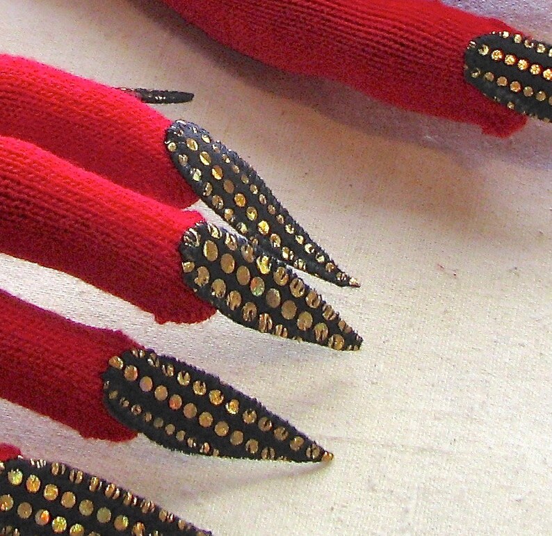 Gloves with claws, red with gold and black, for Halloween costume or pretend play, 2 sizes image 3