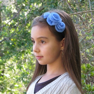 Fabric rose headband, with 3 handcrafted rosettes in cornflower blue chiffon, child size hair accessory image 5