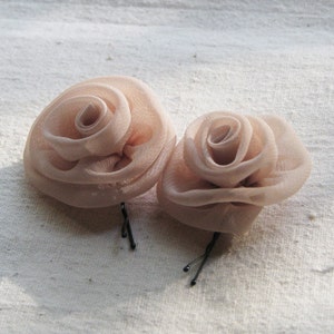 Fabric rose bobby pins, small hair flowers in pale cafe latte chiffon, set of 2 image 3