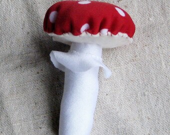 Mushroom ornament, bright red toadstool with white dots, soft and lightweight fabric