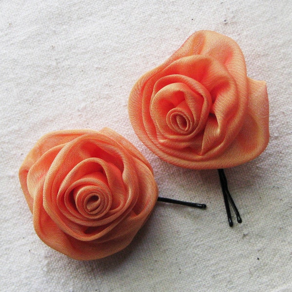 Rose bobby pins in tangerine orange shimmer chiffon, set of 2