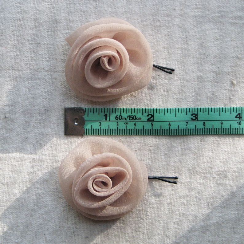 Fabric rose bobby pins, small hair flowers in pale cafe latte chiffon, set of 2 image 5