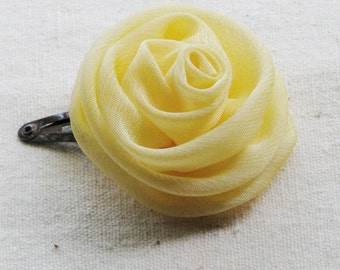 Rose hair clip, in creamy pastel yellow chiffon, small