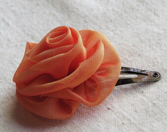 Rose hair clip, in tangerine orange shimmer chiffon, small