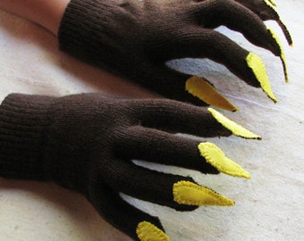 Gloves with claws, brown and yellow, for Halloween costume or pretend play, one size