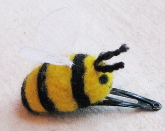 Bumblebee hair clip - wool bumblebee needle felted in bright yellow and black, great stocking stuffer