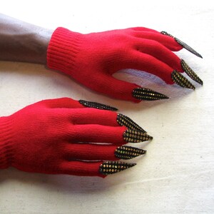 Gloves with claws, red with gold and black, for Halloween costume or pretend play, 2 sizes image 5