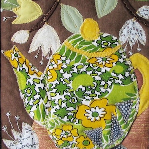 Teapot small wall hanging, applique quilt wall art, one of a kind fiber art, 8.5 x 11 image 2