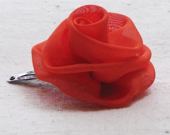 Rose hair clip, in bright persimmon orange fabric, small