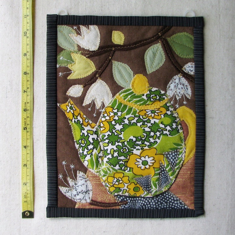 Teapot small wall hanging, applique quilt wall art, one of a kind fiber art, 8.5 x 11 image 5