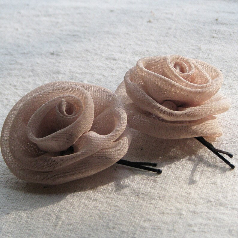 Fabric rose bobby pins, small hair flowers in pale cafe latte chiffon, set of 2 image 2