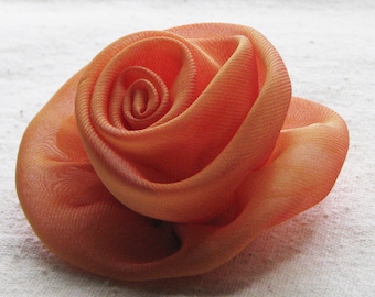 Rose hair clip, in tangerine orange chiffon fabric, medium