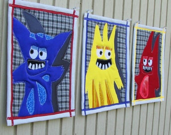 Wall art for kids room: 3 small art quilts with whimsical monsters in primary colors, one of a kind fabric collage