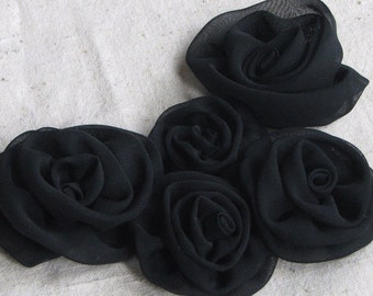 5 fabric roses for applique and decorating in black chiffon, small, plain backs