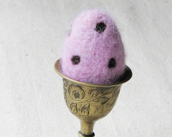 Easter egg, needle felted from wool in soft pastel pink with brown polka dots