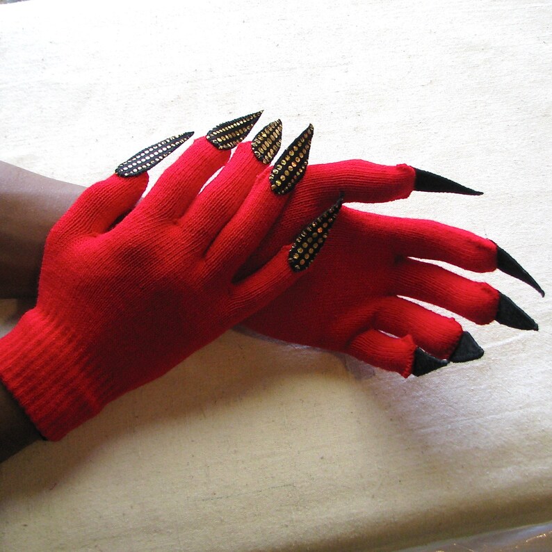 Gloves with claws, red with gold and black, for Halloween costume or pretend play, 2 sizes image 4