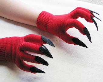 Gloves with claws, red and black, for Halloween costume or pretend play, 2 sizes