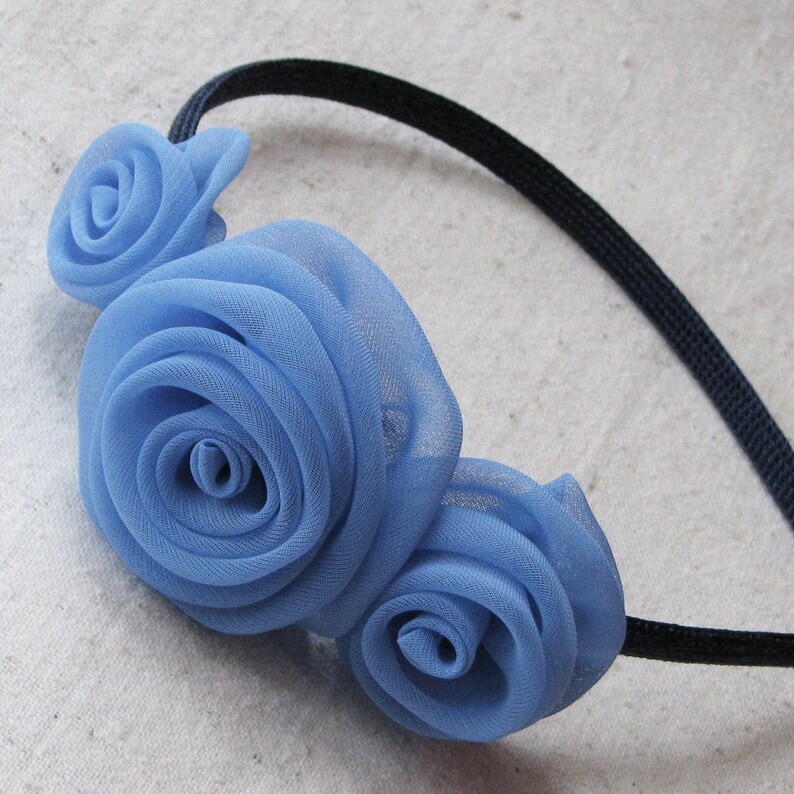 Fabric rose headband, with 3 handcrafted rosettes in cornflower blue chiffon, child size hair accessory image 1