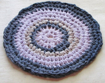 Round trivet, crocheted from eco-friendly cotton t-shirt yarn, large 11" diameter, lilac purple and faded navy