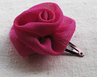 Rose hair clip, in fuchsia pink crinkle chiffon, small