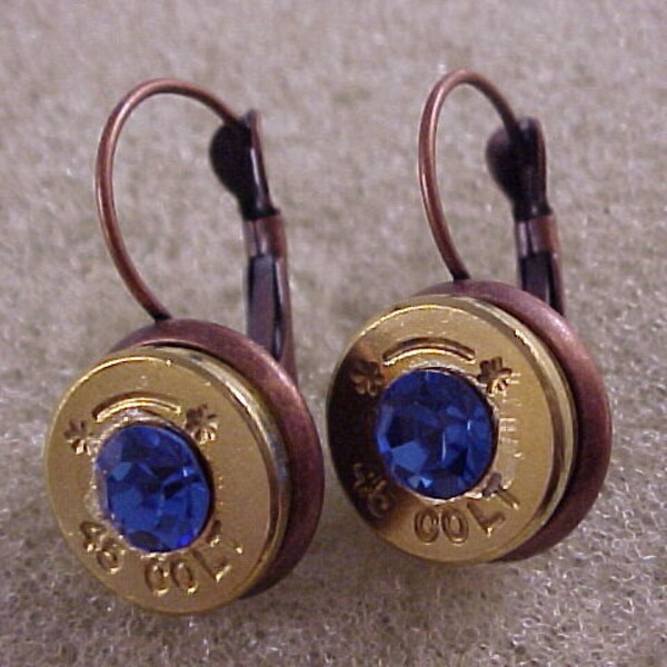 Bullet Earrings / 45 Colt Earrings Sapphire Blue Swarovski Crystal / Gift For Her / Gift For Mom / Repurposed Earrings / Ammo Earrings