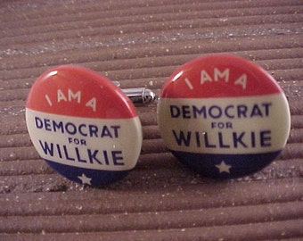 Cuff Links Democrat For Willkie Vintage Political Campaign Button - Free Shipping to USA