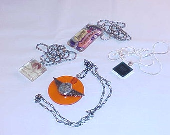 4 Necklace Wholesale Lot - Repurposed Found Objects - Glass Tile Pendants, Watch Movement Pendant, Circuit Board Pendant