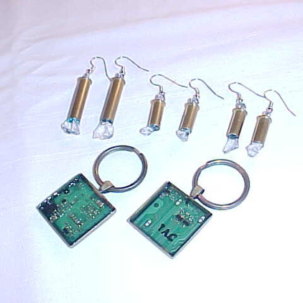 Jewelry Wholesale Lot - Repurposed Found Objects - Circuit Board Key Rings and 22 Shell Earrings