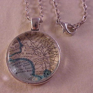 Los Angeles Map Necklace: Vintage Atlas Silver Pendant