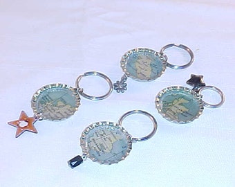 4 Bottle Cap Atlas Map Key Rings